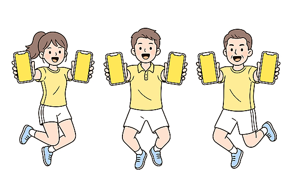 일러스트 청소년 모바일 웃음 들기 사람 세명 친구 스마트폰 운동복 노란색 점프 기쁨 그룹 즐거움 보여주기 소통 액티비티 국내일러스트 AI파일 옷 감정 컬러 컨셉 관계 모션 표정 핸드폰 스마트기기 파일형식 벡터 전자제품