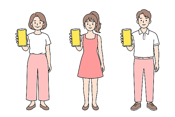 손 옷 여자 남자 일러스트 가족 기술 서기 들기 사람 일상 앞모습 스마트폰 디지털 모던 보여주기 소통 국내일러스트 AI파일 뷰포인트 컨셉 관계 모션 라이프 신체부위 핸드폰 스마트기기 파일형식 벡터 생활 전자제품