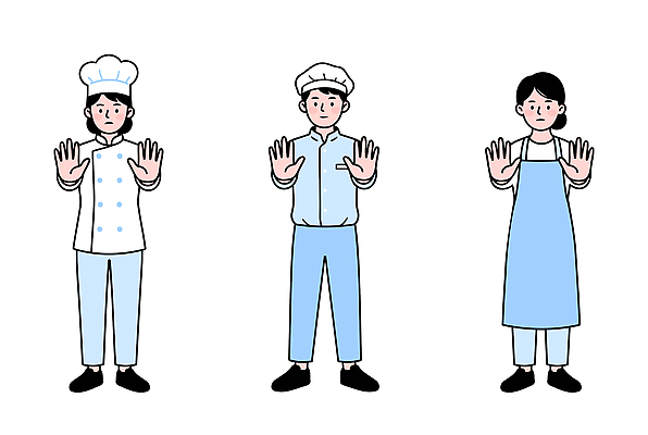 직업 손 남자 포즈 일러스트 협력 요리 여러명 주방 요리사 금지 작업 정지 조리복 손내밀기 직원 요리중 국내일러스트 AI파일 다수 유니폼 모션 사람 손짓 신체부위 파일형식 벡터 옷