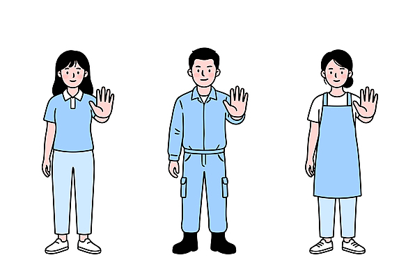 손 옷 여자 남자 일러스트 작업복 사람 여러명 일상 세명 앞치마 금지 그룹 손내밀기 신호 국내일러스트 AI파일 다수 손짓 라이프 신체부위 파일형식 벡터 모션 생활