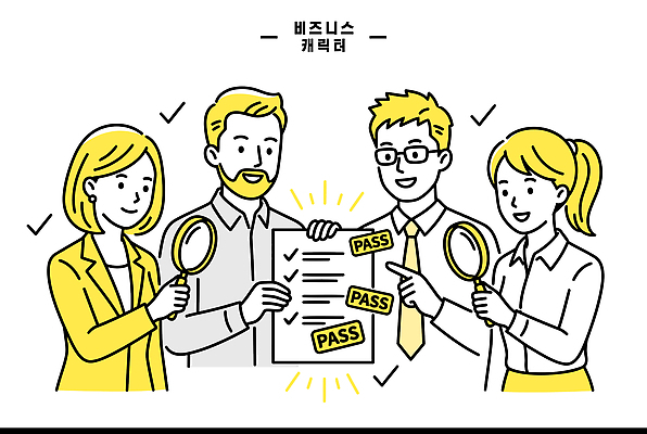 캐릭터 일러스트 비즈니스 성공 협력 대화 여러명 사무실 기록 작업 확인 확대경 점검 목록 승인 인증 체크리스트 국내일러스트 AI파일 다수 컨셉 말하기 사람 파일형식 벡터 모션