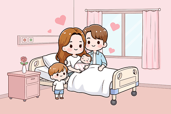 분홍색 일러스트 창문 가족 병원 사랑 부모 기쁨 만남 침대 아기 다자녀 다자녀가족 형 국내일러스트 AI파일 감정 컬러 가구 컨셉 의학 관계 사람 자녀 형제 파일형식 벡터 남자 생활용품 오브젝트