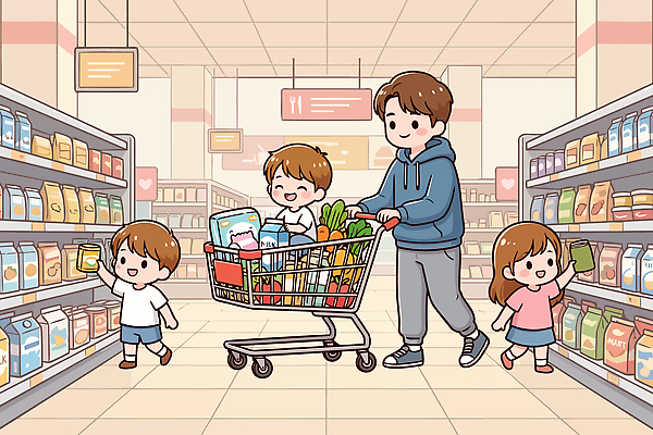 음료 음식 채소 과일 일러스트 가족 디저트 쇼핑 장보기 과자 카트 주스 우유 자녀 아빠 마트 다자녀 다자녀가족 국내일러스트 AI파일 관계 유제품 상점 파일형식 벡터