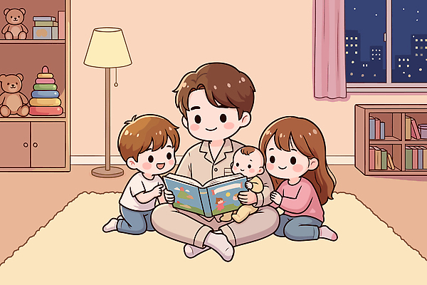 어린이 일러스트 가족 놀이 함께함 이야기 사랑 책 장난감 방 자녀 아기 아빠 저녁 집중 읽기 다자녀 그림책 다자녀가족 국내일러스트 AI파일 감정 컨셉 관계 모션 사람 밤 야간 파일형식 벡터 자연요소
