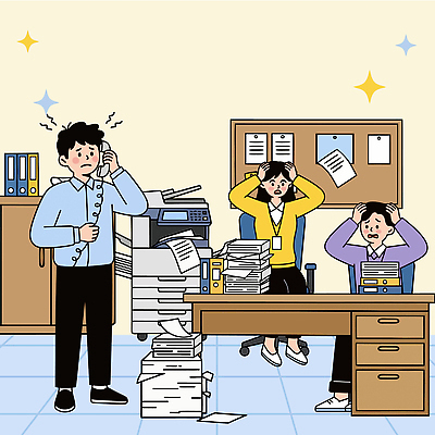 일러스트 스트레스 관리 사람 컴퓨터 사무실 업무 작업 인쇄기 동료 직원 문서 통화 문제 서류더미 혼란 민원 국내일러스트 AI파일 컨셉 비즈니스 관계 모션 전자제품 요청 신고 파일형식 벡터 더미