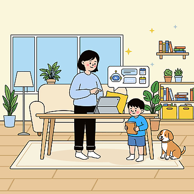 아들 어린이 일러스트 가족 엄마 기술 실내 대화 사랑 사람 일상 학습 컴퓨터 태블릿 공간 강아지 편안함 소통 민원 국내일러스트 AI파일 교육 감정 컨셉 관계 말하기 내부 라이프 전자제품 스마트기기 반려동물 감각 개 요청 신고 파일형식 벡터 동물 포유류 모션 생활
