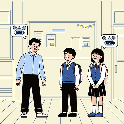 학생 교육 일러스트 교실 학교 미래 협력 기술 이야기 대화 사람 친구 학습 복도 로봇 민원 상호작용 국내일러스트 AI파일 컨셉 관계 말하기 요청 신고 파일형식 벡터 모션