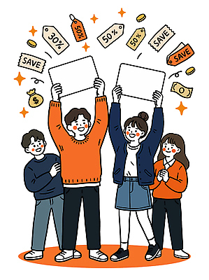일러스트 웃음 이벤트 여러명 친구 쇼핑 꼬리표 세일 상점 기쁨 소비 구매 알림 즐거움 지원금 국내일러스트 민생지원금 AI파일 감정 다수 관계 표정 사람 라벨 정부정책 지원 파일형식 벡터 프레임 정책
