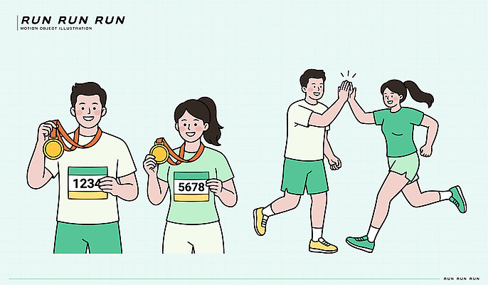 스포츠 일러스트 건강 경기 운동 헬스 경쟁 축하 수상 목표 결과 메달 하이파이브 마라톤 국내일러스트 AI파일 컨셉 손짓 육상스포츠 상 파일형식 벡터 모션 상패 우승 최고