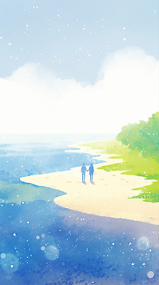 JPG 나무 모래 바다 일러스트 자연 하늘 아침 수채화 풍경 해변 두명 여름 파란색 걷기 손잡기 맑음 오후 국내일러스트 AI일러스트 AI콘텐츠 주간 식물 계절 컬러 모션 날씨 사람 생태계 파일형식 자연요소