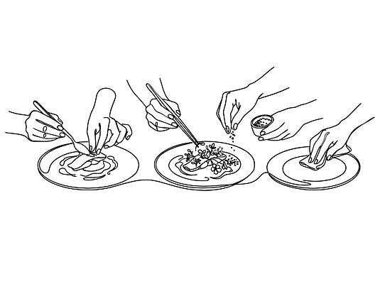 식기 가구 다수 컨셉 일러스트 모션 수저 말하기 사람 신체부위 파일형식 벡터 음식 요리 손 재료 준비 나누기 접시 포크 젓가락 맛 담기 식사 여러명 정리 대화 탁자 국내일러스트 AI파일 라인일러스트