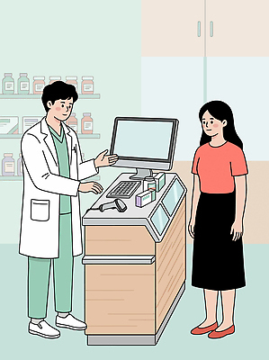 일러스트 건강 대화 치료 컴퓨터 약 의사 약국 고객 서비스 상담 방문 조제 약사 의사소통 지원 처방전 국내일러스트 AI파일 의학 말하기 전자제품 의료진 만들기 파일형식 벡터 직업 모션