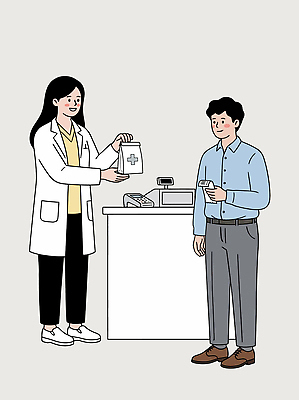 직업 남자 일러스트 봉투 건강 대화 일상 치료 약 판매 환자 약국 고객 서비스 상담 결제 약사 의사소통 국내일러스트 AI파일 의학 말하기 사람 라이프 파일형식 벡터 모션 생활