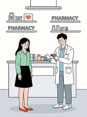 일러스트 의학 건강 대화 설명 치료 약 진료 의사 약병 구매 상품 약국 고객 서비스 상담 방문 약사 조언 처방전 국내일러스트 AI파일 모션 말하기 쇼핑 의료진 병 파일형식 벡터 직업 식기