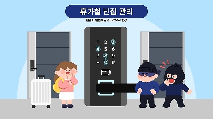 여자 남자 여행 일러스트 안내 주택 관리 안전 여름 기계 암호 보호 위험 도둑 경계 현관문 보안 휴가철 국내일러스트 AI파일 계절 컨셉 휴가 사람 건물 문 범인 파일형식 벡터 건축물 범죄 건축