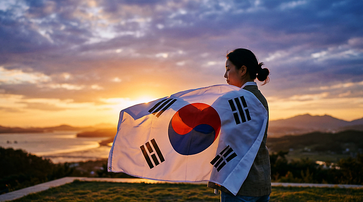 JPG 편집이미지 여자 바다 자연 하늘 산 한국 풍경 햇빛 깃발 저녁 태극기 광복절 의료성형뷰티 편집실사 AI인물포토 AI콘텐츠 아시아 사람 빛 공휴일 국기 밤 야간 국경일 CG 생태계 파일형식 AI포토 자연요소 기념일 나라 이벤트