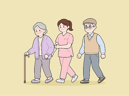 여자 할아버지 노년 할머니 일러스트 가족 지팡이 건강 병원 대화 여러명 일상 치료 걷기 간호사 도움 실버 간호 방문 노약자 돌봄 국내일러스트 AI파일 남자 다수 컨셉 의학 관계 모션 말하기 사람 성인 라이프 의료진 파일형식 벡터 직업 생활