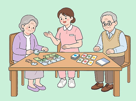 여자 할아버지 노년 할머니 일러스트 놀이 탁자 협력 대화 치료 간호사 게임 퍼즐 실버 집중 즐거움 기억력 노약자 돌봄 사교 국내일러스트 AI파일 남자 감정 가구 컨셉 의학 모션 말하기 사람 성인 의료진 파일형식 벡터 직업 생활용품 오브젝트