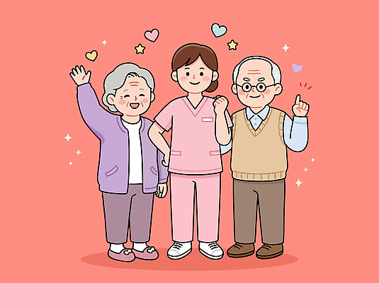 여자 할아버지 노년 할머니 일러스트 건강 대화 웃음 치료 간호사 도움 실버 간호 노약자 돌봄 보살핌 국내일러스트 AI파일 남자 컨셉 의학 모션 표정 말하기 사람 성인 의료진 파일형식 벡터 직업