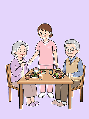 여자 할아버지 노년 할머니 음료 음식 일러스트 탁자 친절 건강 대화 웃음 식사 간호사 실버 서비스 노약자 돌봄 국내일러스트 AI파일 남자 가구 모션 표정 말하기 사람 성인 의료진 파일형식 벡터 직업 생활용품 의학 오브젝트