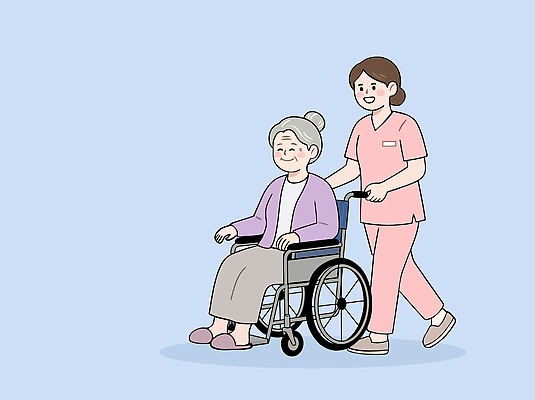 여자 노년 할머니 이동 일러스트 친절 건강 미소 일상 생활 치료 환자 간호사 도움 실버 연령 간호 서비스 휠체어 노약자 돌봄 보살핌 국내일러스트 AI파일 컨셉 의학 모션 표정 사람 성인 라이프 의료진 파일형식 벡터 직업