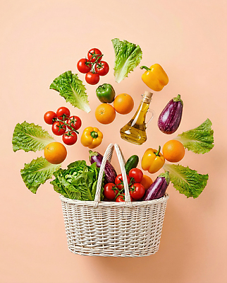 JPG 편집이미지 토마토 채소 오렌지 과일 재료 가지 피망 건강 요리 바구니 식사 신선 올리브오일 상추 쇼핑바구니 이미지편집 AI컴퓨터그래픽 AI콘텐츠 기름 파일형식
