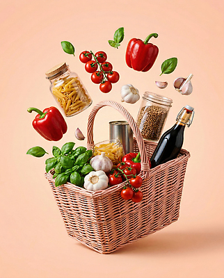 JPG 편집이미지 음식 토마토 식재료 재료 방울토마토 파프리카 파스타 마늘 요리 장바구니 바질 쇼핑바구니 요리준비 펜네 이미지편집 AI컴퓨터그래픽 AI콘텐츠 채소 서양음식 쇼핑 바구니 준비 파일형식
