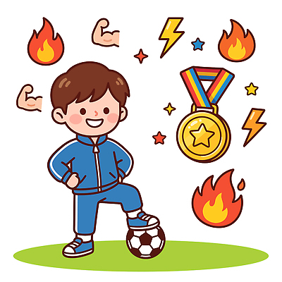 어린이 스포츠 일러스트 공 성공 불 웃음 경기 소년 운동복 축구 힘 기쁨 우승 번개 메달 국내일러스트 AI파일 자연요소 옷 남자 감정 컨셉 날씨 표정 사람 구기 최고 상 파일형식 벡터 상패