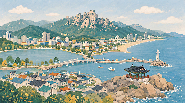 JPG 바다 여행 일러스트 자연 산 등대 사람 풍경 해변 건물 일상 바위 다리 도시 배 해수욕장 조화 오후 풍경화 수평선 국내일러스트 AI일러스트 AI콘텐츠 건축물 라이프 그림 생태계 파일형식 건축 생활