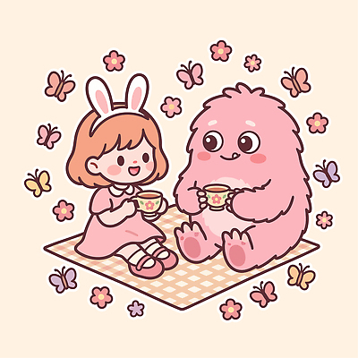 동물 캐릭터 꽃 나비 일러스트 탁자 함께함 앉기 소녀 친구 마시기 담요 즐거움 오브젝트 토끼머리띠 디지털아트 국내일러스트 AI파일 식물 여자 감정 어린이 가구 곤충 컨셉 관계 모션 머리띠 파일형식 벡터 생활용품 장신구 사람