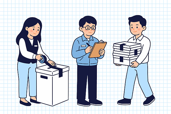 직업 산업 비즈니스 사람 작업 선거 민주주의 파일형식 벡터 상자 포장 배송 사무실 목록 체크리스트 여자 남자 준비 오브젝트 운송업 세명 짐 보고서 업무 사무원 전달 자원봉사자 AI파일 국내일러스트 일러스트 지방선거