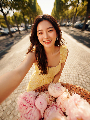 JPG 나무 편집이미지 여자 꽃 길 거리 미소 여름 햇빛 셀프카메라 즐거움 꽃바구니 의료성형뷰티 편집실사 AI인물포토 AI콘텐츠 식물 계절 감정 표정 사람 빛 바구니 사진촬영 CG 파일형식 AI포토 촬영