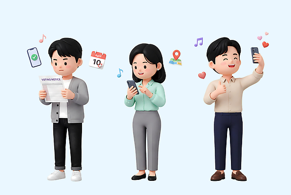 캐릭터 다수 컨셉 문화예술 사람 라이프 핸드폰 스마트기기 3D 사진촬영 선거 민주주의 디지털합성 파일형식 투표 알림 스마트폰 남자 여자 음악 셀프카메라 디지털 통신 기술 일상 여러명 소통 정보 PSD 편집3D 3D캐릭터 편집이미지 지방선거