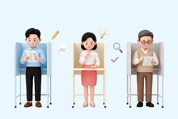 캐릭터 컨셉 비즈니스 말하기 3D 사무용품 선거 민주주의 디지털합성 파일형식 사람 문제 해결 생각 메모지 집중 사무실 작업 아이디어 토론 대화 창의성 질문 PSD 편집3D 3D캐릭터 편집이미지 지방선거