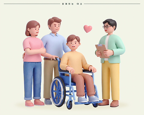PSD 편집이미지 여자 남자 가족 건강 대화 사랑 미소 여러명 치료 의사 도움 장애인 사회복지 휠체어 이웃 관심 지원 편집3D 감정 다수 컨셉 의학 관계 표정 말하기 사람 3D 의료진 복지 장애 파일형식 직업 모션 사회이슈 디지털합성