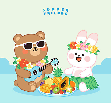 행복 음악 과일 일러스트 곰 놀이 휴가 일상 여름 기타 토끼 파인애플 즐거움 꽃목걸이 파파야 국내일러스트 AI파일 동물 계절 꽃 감정 목걸이 포유류 현악기 문화예술 라이프 반려동물 열대과일 파일형식 벡터 식물 악기 장신구 생활