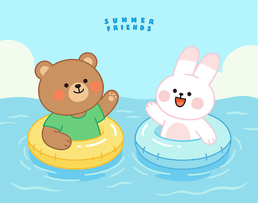캐릭터 행복 바다 일러스트 곰 물놀이 놀이 수영장 미소 물 여름 친구 수영 토끼 즐거움 튜브 국내일러스트 AI파일 자연요소 동물 계절 감정 포유류 관계 표정 반려동물 수상스포츠 파일형식 벡터 스포츠