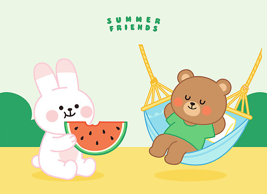 캐릭터 행복 일러스트 곰 자연 휴식 수박 웃음 여름 친구 토끼 편안함 먹기 즐거움 해먹 놀기 국내일러스트 AI파일 동물 계절 감정 컨셉 과일 포유류 관계 모션 표정 반려동물 침대 감각 생태계 파일형식 벡터 가구 생활용품 오브젝트