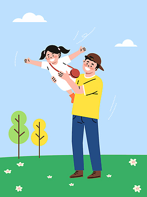 나무 딸 어린이 일러스트 가족 놀이 하늘 함께함 사랑 웃음 풍경 잔디 초원 아빠 즐거움 부녀 딸바보 국내일러스트 AI파일 식물 감정 컨셉 관계 표정 사람 파일형식 벡터