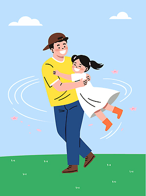 공원 딸 일러스트 가족 놀이 하늘 따뜻함 사랑 웃음 잔디 초원 봄 아빠 즐거움 돌기 부녀 딸바보 국내일러스트 AI파일 식물 계절 공공시설 감정 관계 표정 파일형식 벡터 시설