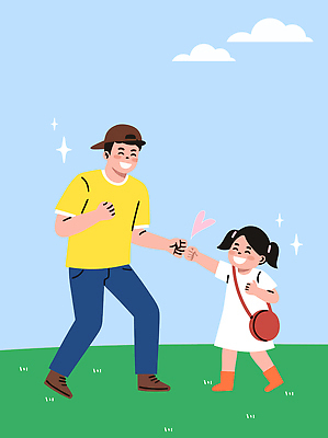 손 딸 어린이 가방 일러스트 가족 하늘 함께함 웃음 초원 여름 하트 아빠 즐거움 놀기 부녀 딸바보 국내일러스트 AI파일 모양 잡화 계절 감정 컨셉 관계 모션 표정 사람 신체부위 파일형식 벡터