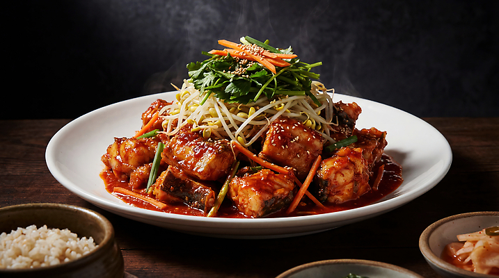 JPG 편집이미지 음식 채소 밥 반찬 한국 요리 소스 맛 아귀 아귀찜 편집실사 AI포토 AI콘텐츠 아시아 컨셉 수중동물 양념 CG 찜 파일형식 동물 나라