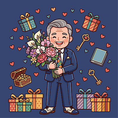 기념일 노년 남자 행복 꽃다발 일러스트 기념 선물 사랑 이벤트 실버라이프 노후 상자 기쁨 하트 축하 은퇴 즐거움 국내일러스트 AI파일 모양 라이프스타일 꽃 감정 컨셉 사람 성인 파일형식 벡터 식물 생활