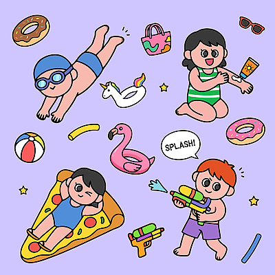 옷 계절 감정 공 관계 놀이 조류 방학 디저트 바캉스용품 여름 수상스포츠 파일형식 벡터 수영 수영장 플라밍고 유니콘 도넛 공놀이 장난감 물총 수영복 비치볼 즐거움 친구 일러스트 국내일러스트 AI파일 세트 스티커 여름방학