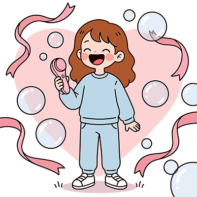 옷 여자 행복 리본 어린이 일러스트 상상 웃음 소녀 스마트기기 비눗방울 즐거움 피부관리 풍선 스킨케어 국내일러스트 AI파일 감정 표정 사람 전자제품 뷰티 파일형식 벡터