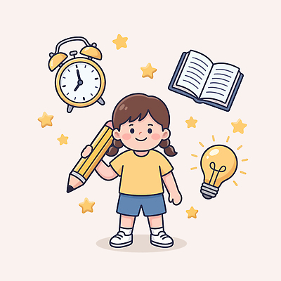 학생 디자인 교육 어린이 생각 일러스트 전구 학교 책 학습 연필 교양 자명종 집중 즐거움 노력 창의력 국내일러스트 AI파일 감정 시계 컨셉 학용품 사람 필기구 알람 파일형식 벡터 문구용품 오브젝트