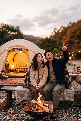JPG 나무 편집이미지 부부 여자 남자 자연 따뜻함 텐트 대화 웃음 야외 두명 빛 가을 저녁 모닥불 즐거움 의료성형뷰티 글램핑 편집실사 AI인물포토 AI콘텐츠 식물 커플 계절 감정 불 표정 캠핑도구 말하기 사람 캠핑 밤 야간 CG 생태계 파일형식 AI포토 자연요소 관계 모션 레저 도구