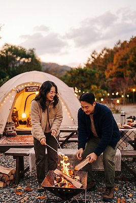 JPG 나무 편집이미지 부부 여자 남자 자연 불 불꽃 텐트 야외 가을 저녁 장작 모닥불 즐거움 마시멜로우 의료성형뷰티 글램핑 편집실사 AI인물포토 AI콘텐츠 자연요소 식물 커플 계절 감정 디저트 캠핑도구 사람 캠핑 밤 야간 CG 생태계 파일형식 AI포토 음식 관계 레저 도구