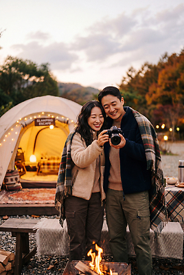 JPG 편집이미지 부부 여자 남자 여행 자연 텐트 취미 야외 카메라 가을 모닥불 담요 캠핑장 즐거움 의료성형뷰티 글램핑 편집실사 AI인물포토 AI콘텐츠 커플 계절 감정 불 캠핑도구 사람 전자제품 캠핑 CG 생태계 파일형식 AI포토 자연요소 관계 레저 도구