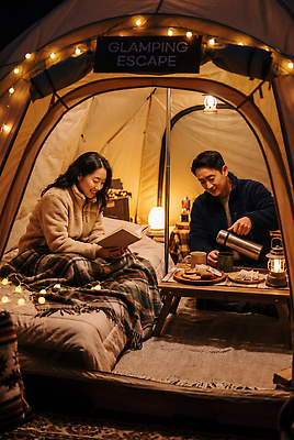 JPG 편집이미지 부부 여자 남자 자연 조명 텐트 야외 두명 독서 가을 밤 편안함 의료성형뷰티 글램핑 편집실사 AI인물포토 AI콘텐츠 커플 계절 캠핑도구 사람 캠핑 감각 CG 생태계 파일형식 AI포토 관계 레저 도구